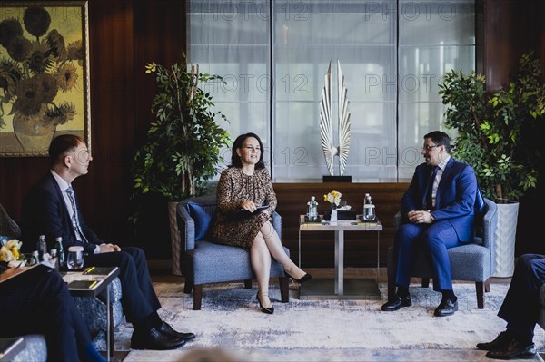 (L-R) Annalena Baerbock (Buendnis 90 Die Gruenen), German Foreign Minister, and Ahmed Awadh bin Mubarak, Foreign Minister of Yemen, photographed during a joint meeting in Jeddah, 16 May 2023. Baerbock is travelling to Saudi Arabia and Qatar during her three-day trip., Jeddah, Saudi Arabia, Asia