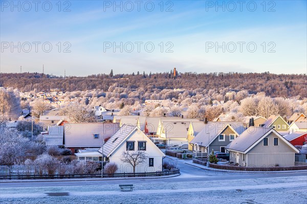 Residential area with houses and gardens by a Swedish town in winter