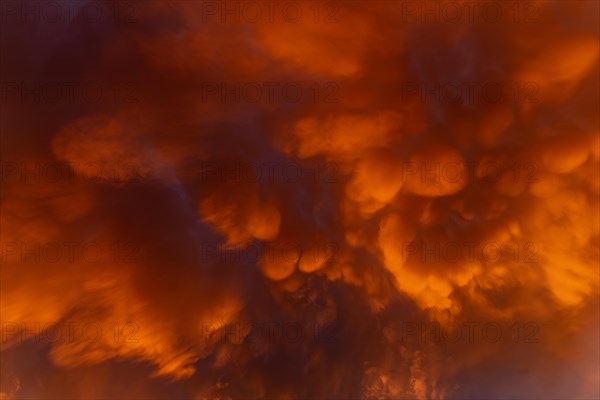 Inflamed sky with mammatus clouds at sunset. Saintes Maries de la Mer