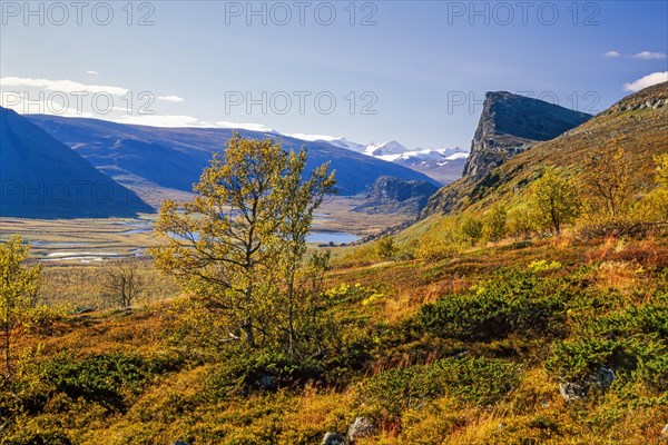 Mountainous landscape view at Rapadalen in Sarek National park with beautiful autumn colors in Sweden