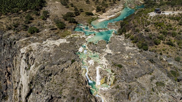 Aerial of a turquoise waterfall