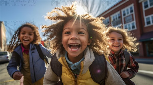 Happy laughing multi-ethnic children on their way to school