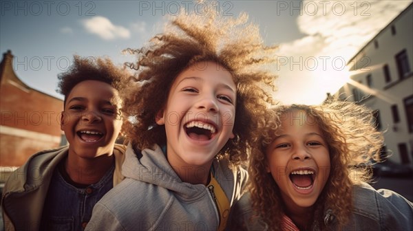 Happy laughing multi-ethnic children on their way to school