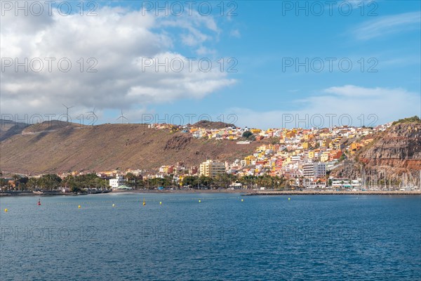 View of the city and the port of San Sebastian de la Gomera seen from the ferry heading to Tenerife. Canary Islands