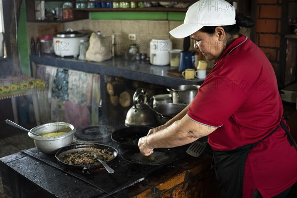 Woman concentrating on cooking in her small Costa Rican typical food business