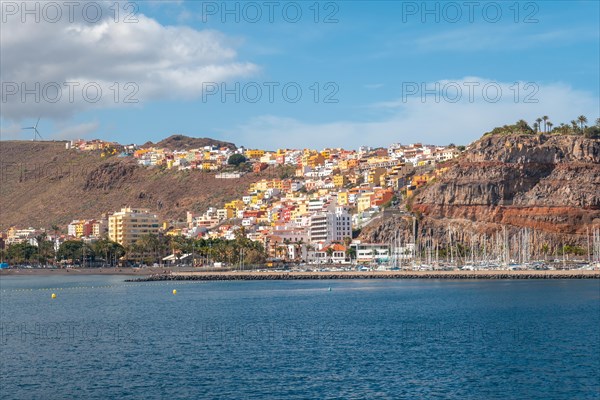 View of the city and the port of San Sebastian de la Gomera seen from the ferry heading to Tenerife. Canary Islands