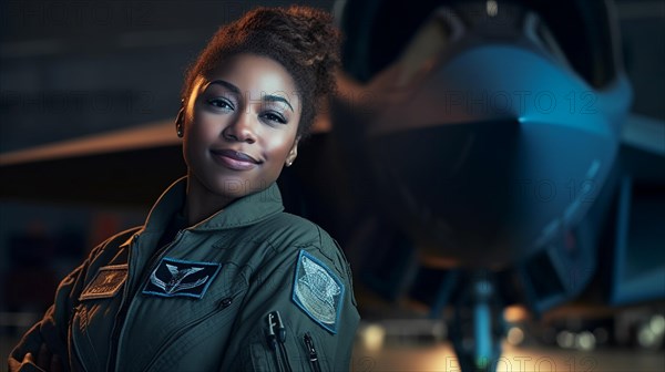 Proud african american female air force fighter pilot standing in front of her F35