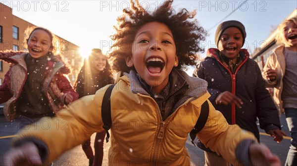 Happy laughing multi-ethnic children on their way to school