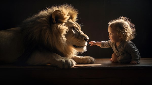 Profile of A fearless baby child reaching for the face of A very large lion sitting next to her