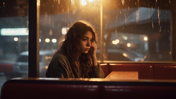 Young girl sits alone and afraid in a damp diner at night