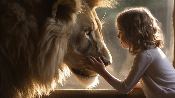 Profile of A fearless young female child gently touching the face of A very large lion