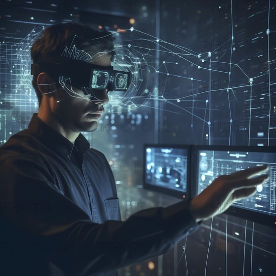 Man with data glasses for artificial intelligence stands in front of a data stream