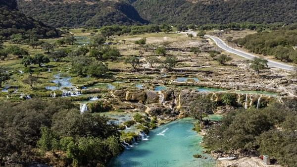 Aerial of turquoise waterfalls