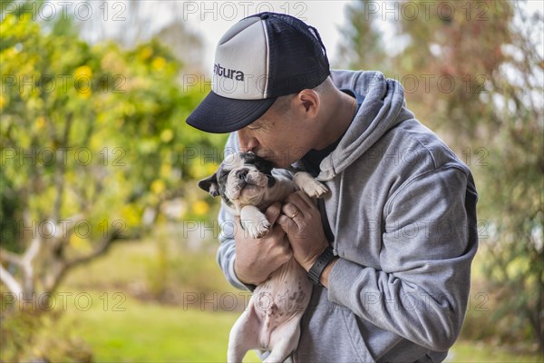 Handsome man hugging and kissing a cute french bulldog puppy. Copy space