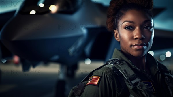 Proud african american female air force fighter pilot standing in front of her F35