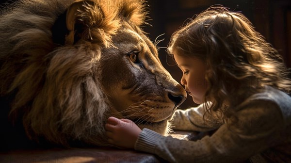 Profile of A fearless young female child gently touching the face of A very large lion