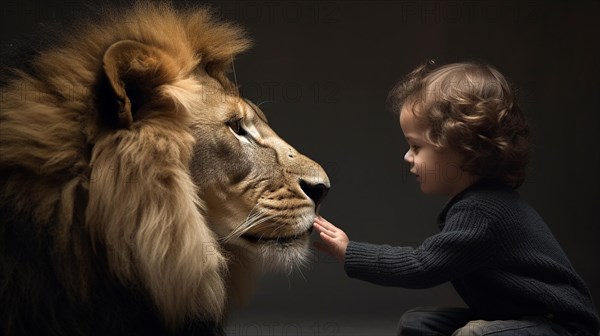 Profile of A fearless young female child gently touching the face of A very large lion