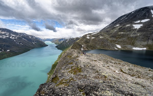 View of lake Gjende and lake Bessvatnet with mountains