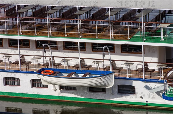 The historic paddle steamer LEIPZIG moored at the pier on the Terrassenufer