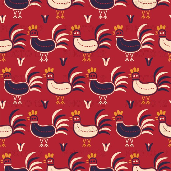 Decorative rooster seamless vector pattern