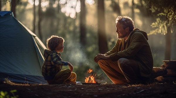 Father and son enjoying their campsite with their tent and campfire together