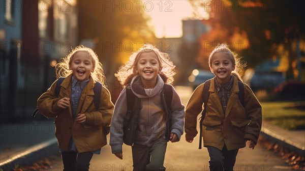 Happy laughing multi-ethnic children on their way to school