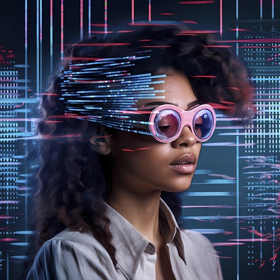 Woman with data glasses for artificial intelligence stands in front of a data stream