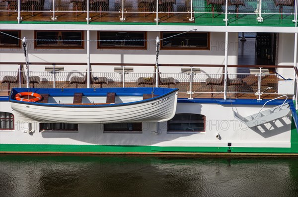 The historic paddle steamer LEIPZIG moored at the pier on the Terrassenufer