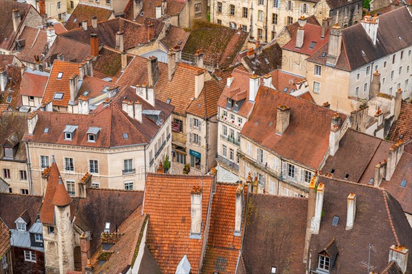 View from the tower of the Collegiate Church of Notre Dame of the houses and roofs in the historic centre