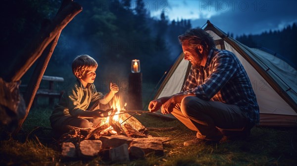 Father and son enjoying their campsite with their tent and campfire together