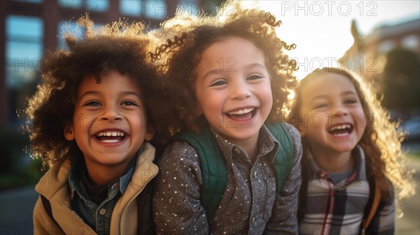 Happy laughing multi-ethnic children on their way to school