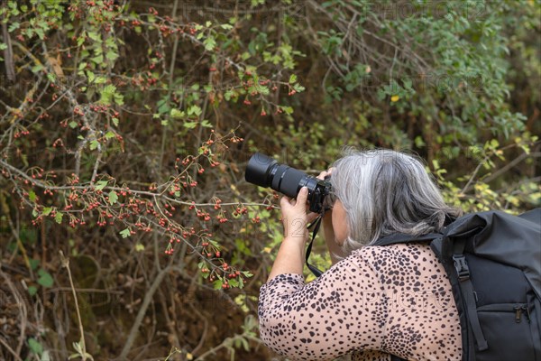 White-haired female photographer in profile view taking pictures of a plant