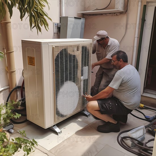 Craftsmen install a modern heat pump in a house