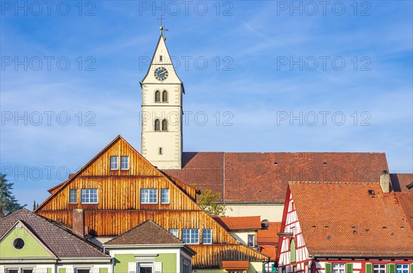 Town parish church of the Visitation of the Virgin Mary and roof sections in the historic old town of Meersburg on Lake Constance