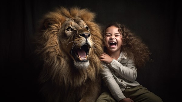 Fearless female child laughing as she sits next to A very large roaring lion sitting next to her