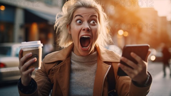 Delightedly surprised or horrified young adult female holding her coffee cup and cell phone walking outside