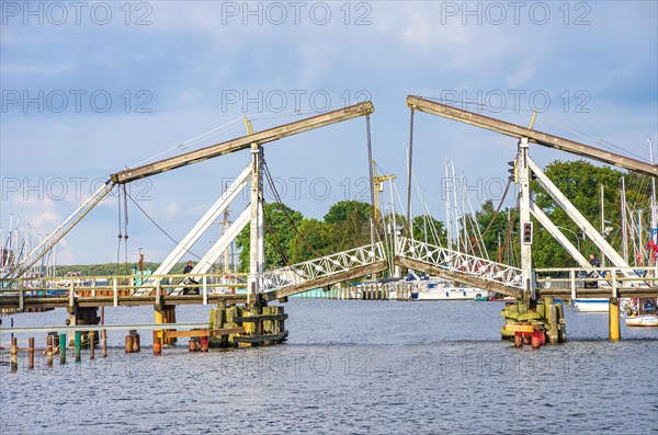 Picturesque view of the old Wieck wooden bascule bridge over the river Ryck