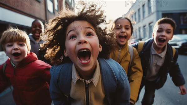 Happy laughing multi-ethnic children on their way to school