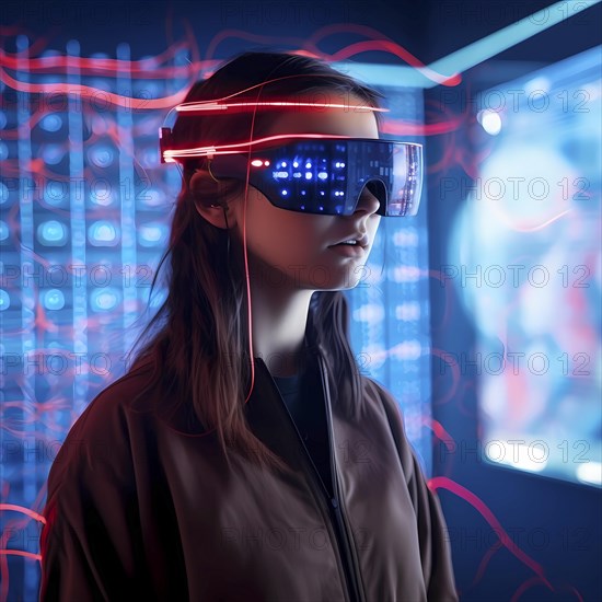 Woman with data glasses for artificial intelligence stands in front of a data stream