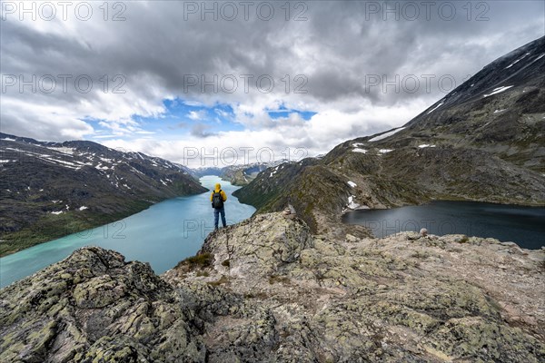 View of lake Gjende and lake Bessvatnet with mountains