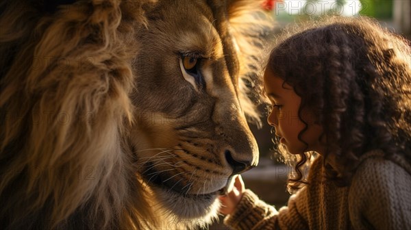 Profile of A fearless young female child gently touching the face of A very large lion