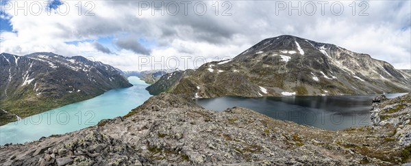 View of lake Gjende and lake Bessvatnet with mountains