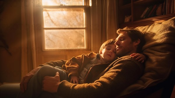 Peaceful child sleeps on his father's chest