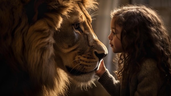 Profile of A fearless young female child gently touching the face of A very large lion