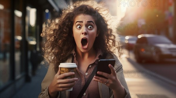 Delightedly surprised or horrified young adult female holding her coffee cup and cell phone walking outside