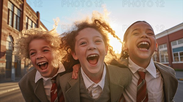 Happy laughing multi-ethnic children on their way to school