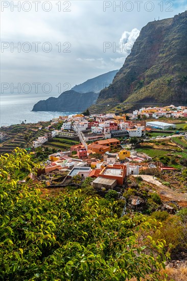 View of the village of Agulo between the valleys and municipalities of Hermigua and Vallehermoso in the north of La Gomera