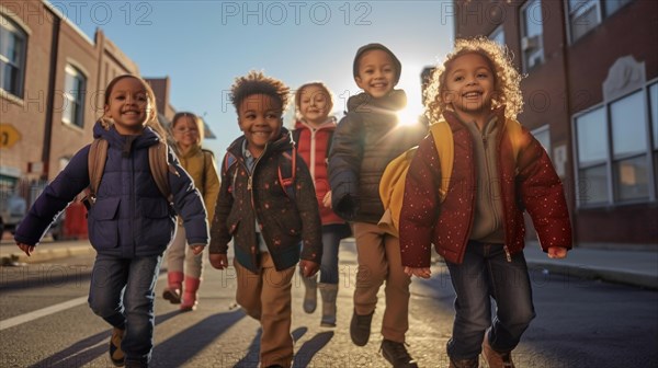 Happy laughing multi-ethnic children on their way to school