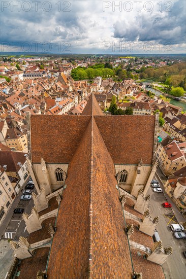 View from the tower of the Collegiate Church of Notre Dame of the houses and roofs in the historic centre