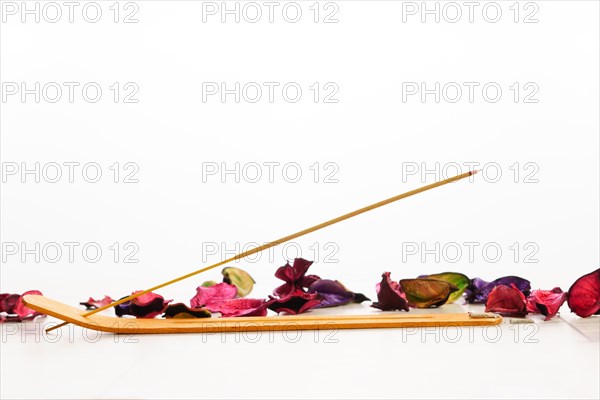 Close-up of incense stick isolated on white background with colorful flower petals